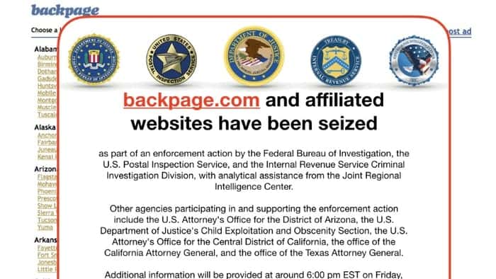 Anuncio de que o Backpage.com foi fechado pelo FBI