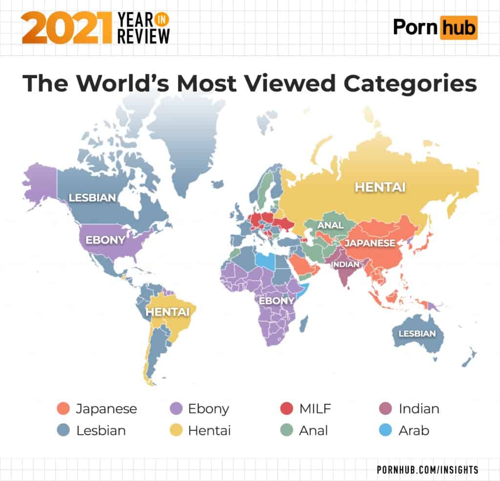 Os termos pornográficos mais pesquisados por Continente, segundo o PornHub em 2021